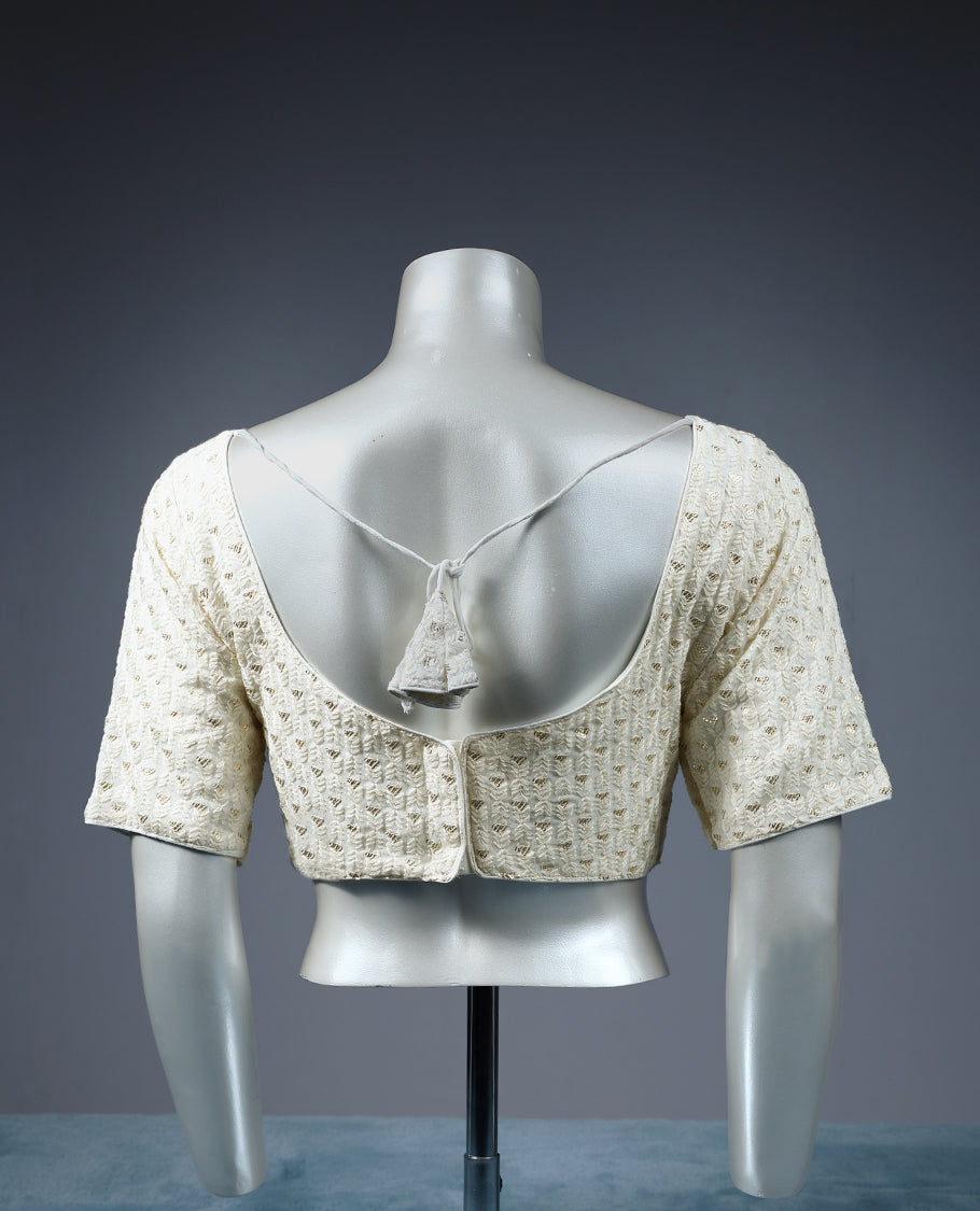 Off White Colour Thread with Sequence Work, V Neck, 2/4th Sleeves, Padded, Ready Made Blouse.
