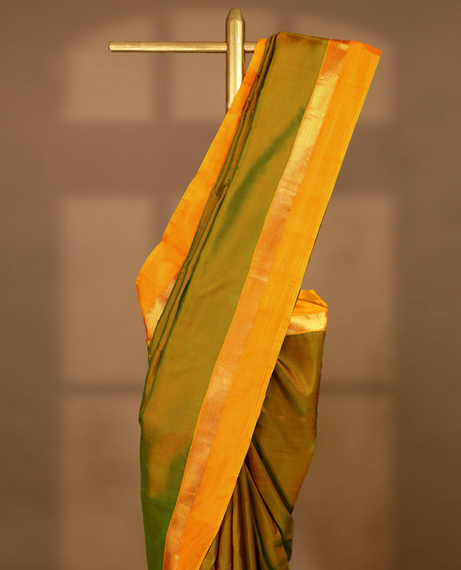 Double Shade Mustard Colour Pure Kancheepuram Traditional Silk Saree having Plain Body with Contrast Border and Blouse