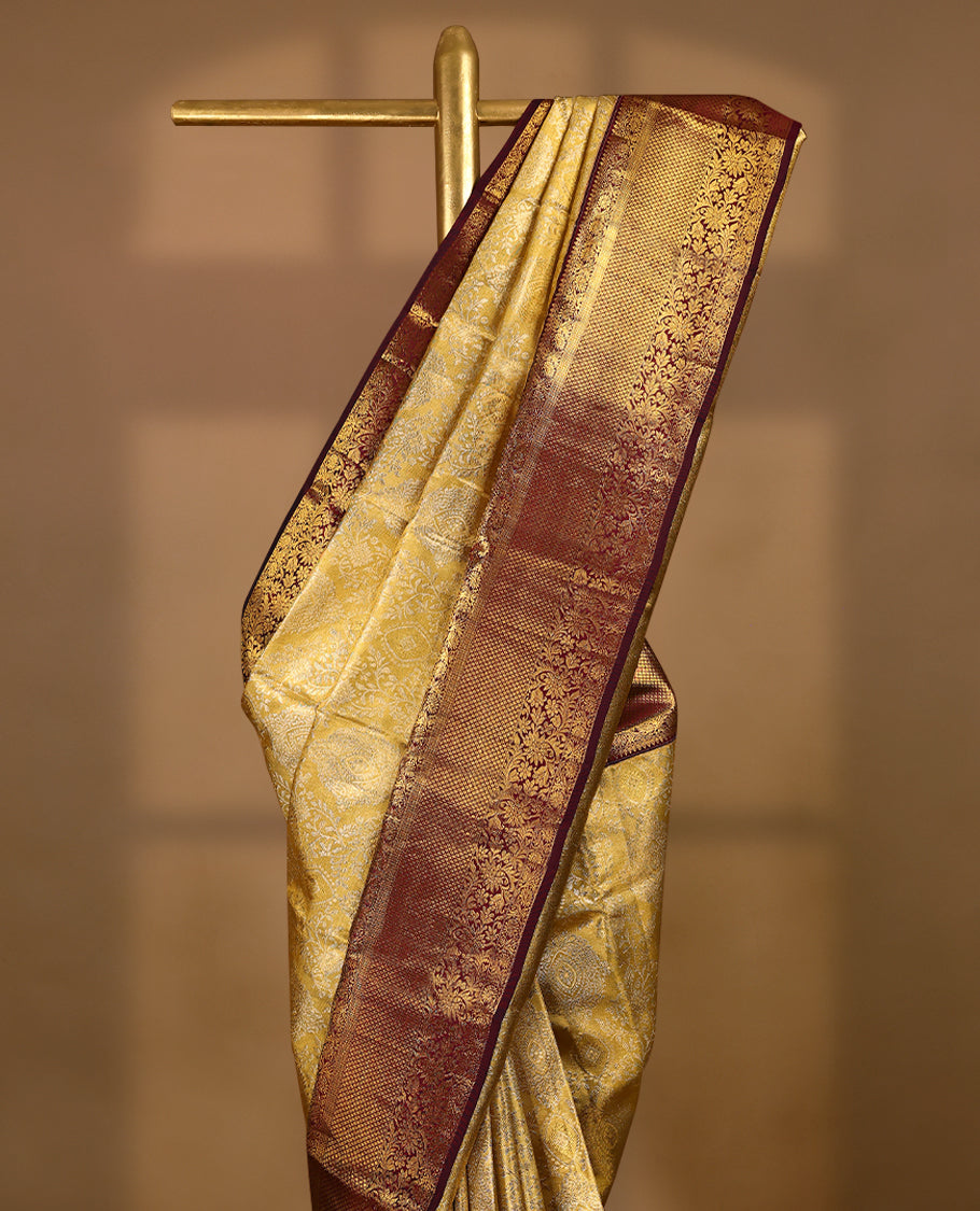 Golden Colour Tissue Wedding Silk Saree having Golden Jaal Worked Body and Maroon Border with Contrast Blouse