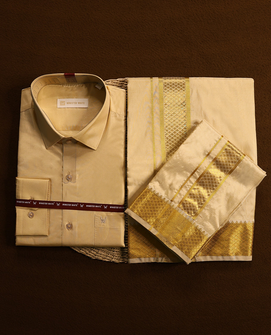 Medium gold coloured silk wedding shirt, dhoti, and towel set from MINISTER WHITE, featuring a gold zari border.