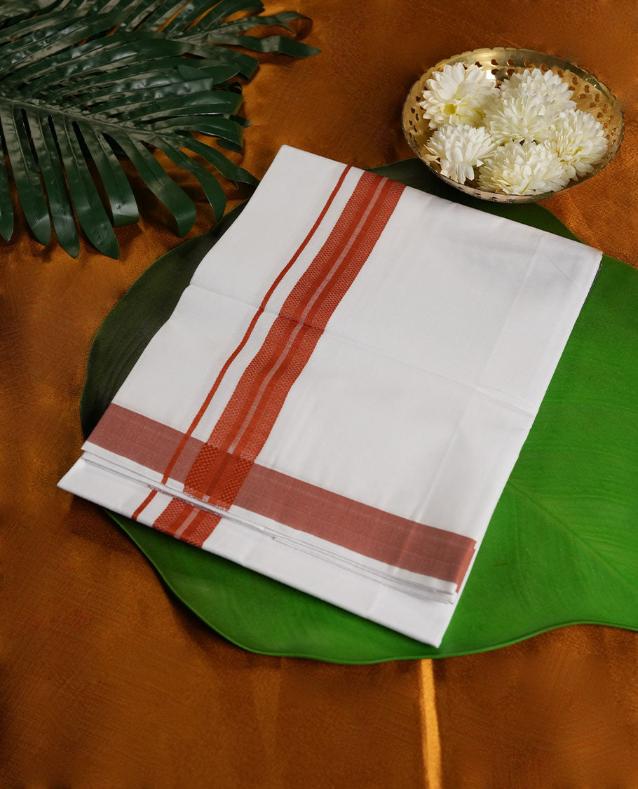 White Colour Pure Cotton single Dhoti with brick Colour Border for Men