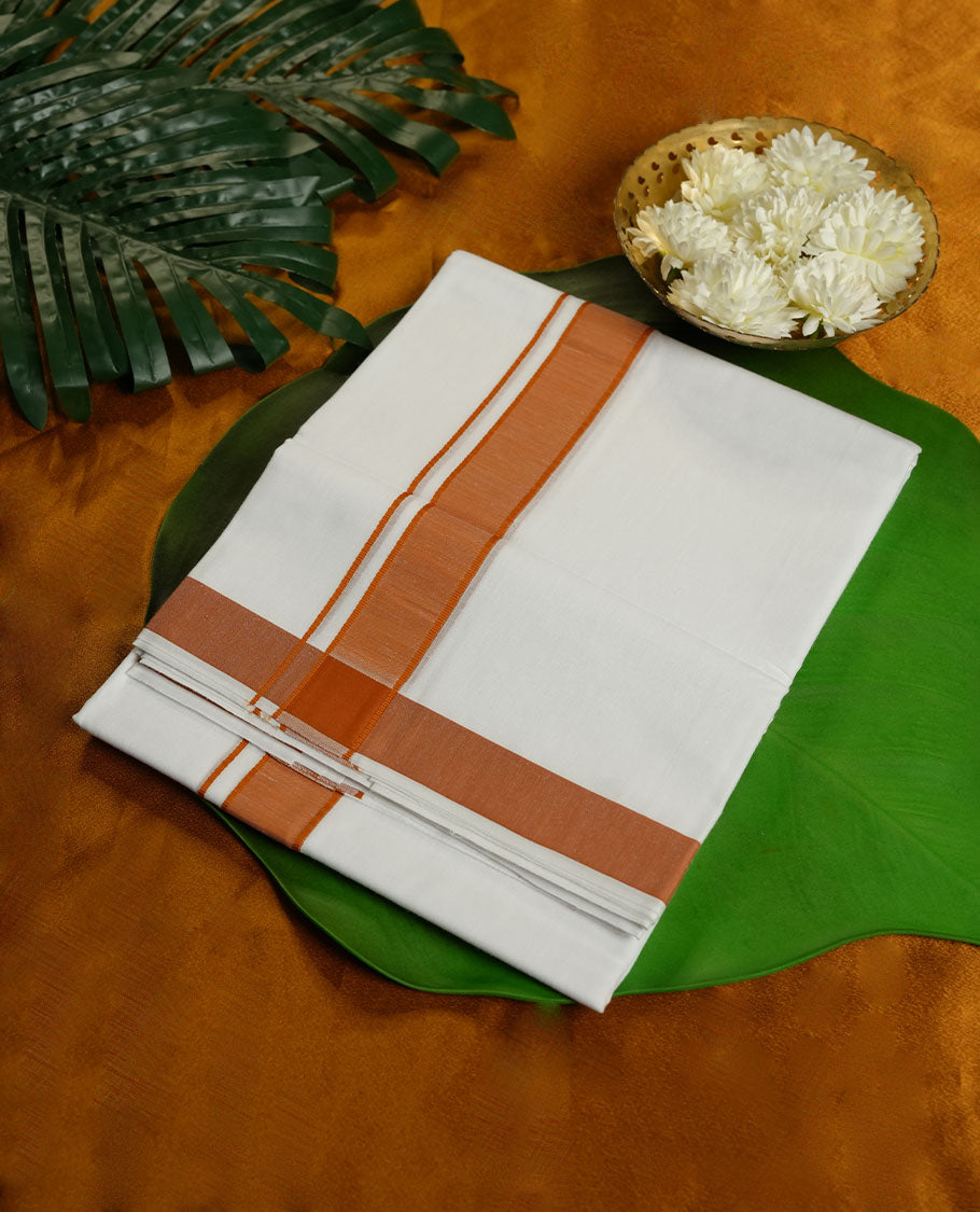 White Colour RAMRAJ Pure Cotton double Dhoti with Brown Colour Border for Men