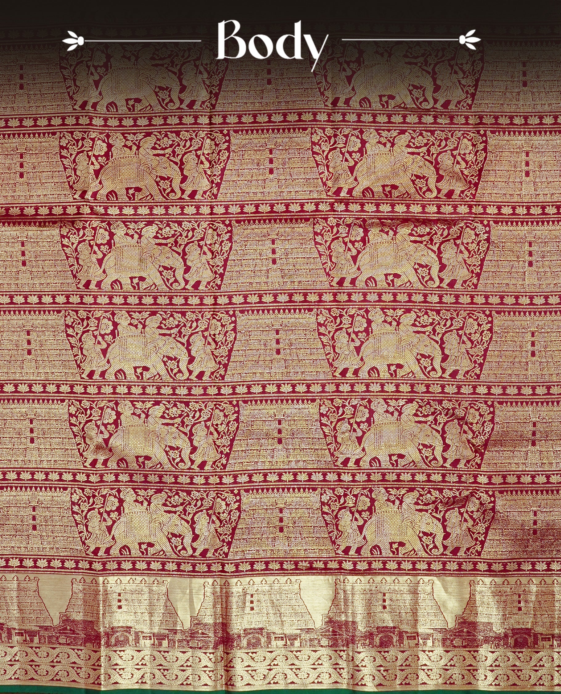 Dark Maroon colour Kanchipuram Samudrika Pattu saree featuring an exclusive gold zari weave of the historic Padmanabhaswamy Temple East Gopuram on the border and pallu, with Anantha Sayanam motif, paired with self colour blouse piece.