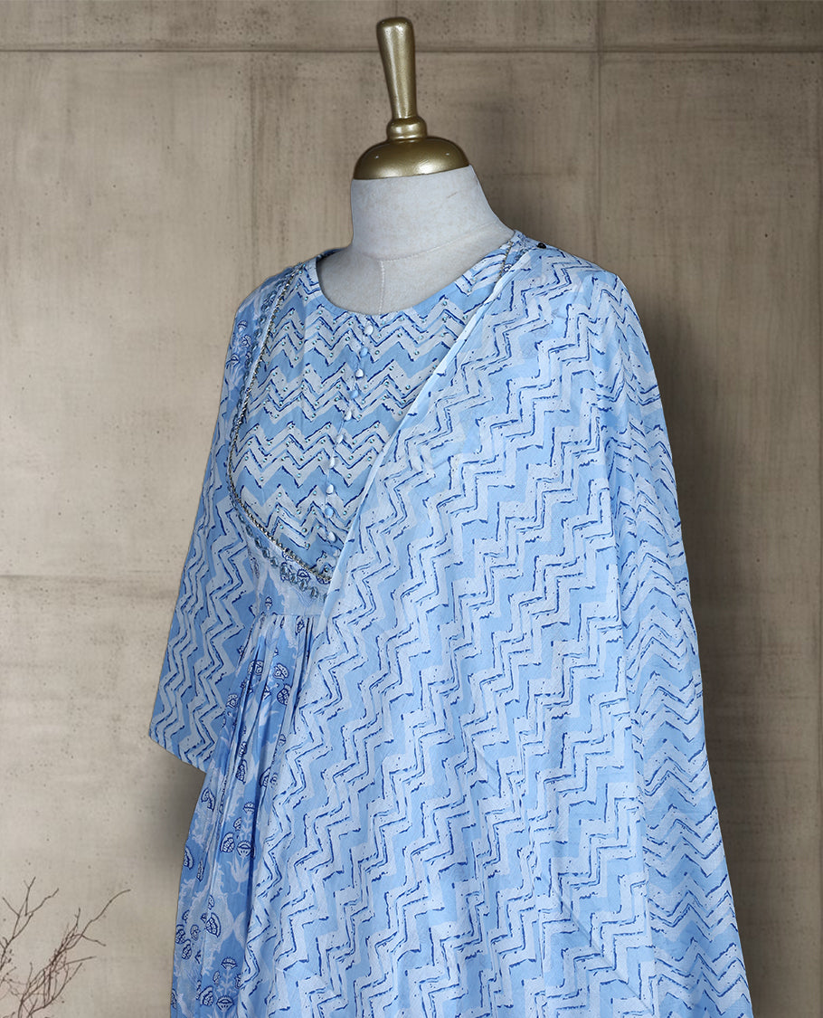 Pastel blue & white colour salwar from TWARA, featuring a delicate silver work on neck, all over floral prints on the top, paired with a matching bottom and an elegant dupatta.