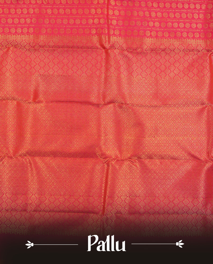 Rani pink colour Kanchipuram Samudrika Silk Saree featuring Poo chakram & strip pattern weaving with gold zari jacquard and a traditional zari border, paired with a matching designer jacquard blouse piece