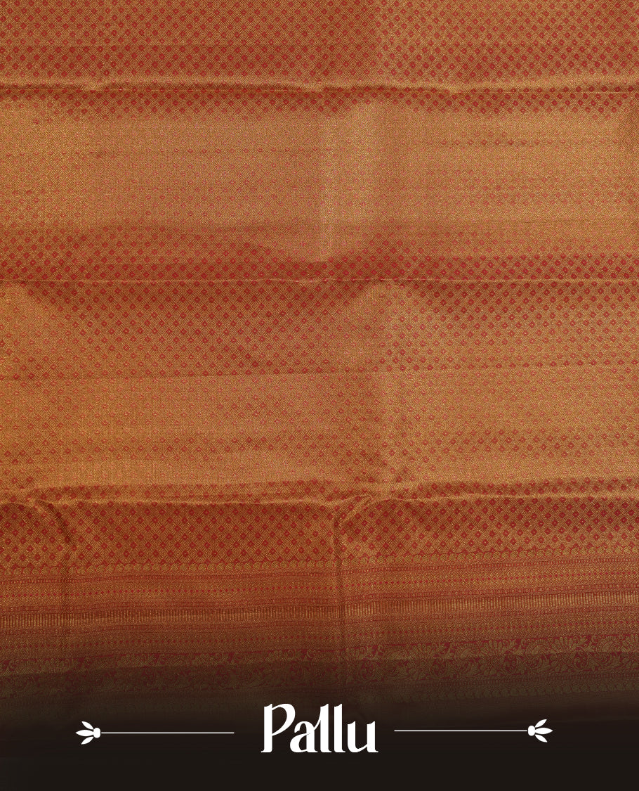 Reddish pink & gold double shade colour kancheepuram tissue silk saree highlighting gold zari pattern body, with contrast Reddish pink colour colour with traditional border and paired with matching blouse.