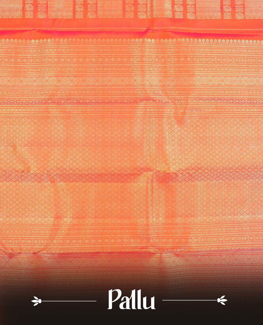 Orange colour Kanchipuram Samudrika Silk Saree featuring Square & bird pattern weaving with gold zari jacquard and a traditional zari border, paired with a matching designer jacquard blouse piece