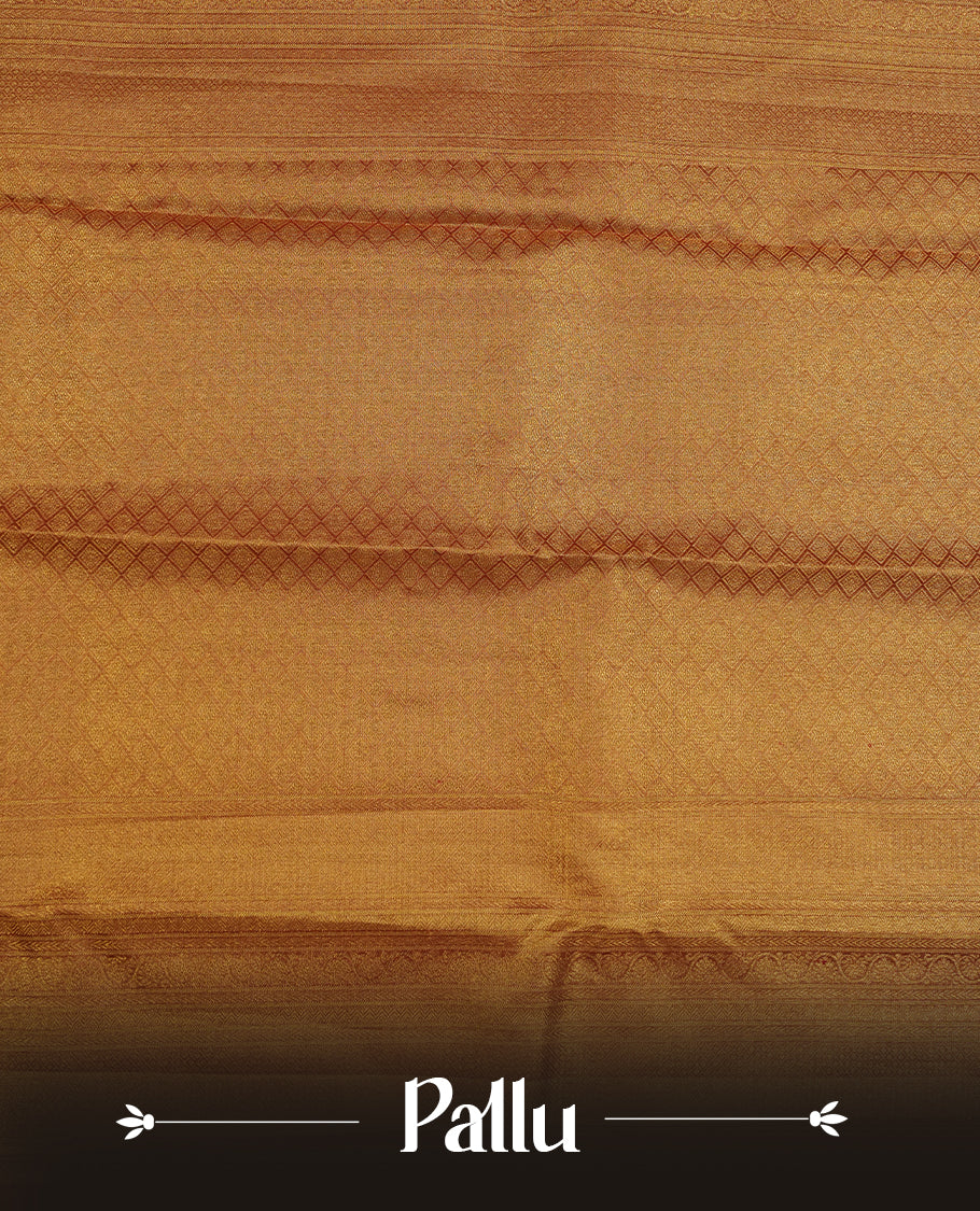 Red & gold double shade colour kancheepuram tissue silk saree highlighting gold zari pattern body, with contrast burgundy colour colour with traditional border and paired with matching blouse.
