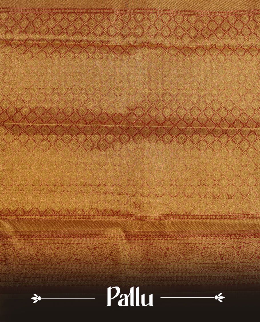 Red & gold double shade colour kancheepuram tissue silk saree highlighting gold kodi zari pattern body, with contrast maroon colour colour with traditional border and paired with matching blouse.