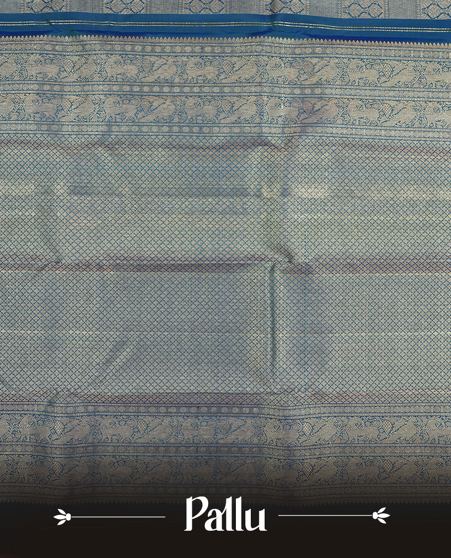 Peacock colour Kanchipuram Samudrika Silk Saree featuring Leaf & square pattern weaving with Light gold zari jacquard and a traditional Zari border, paired with a matching designer jacquard blouse piece