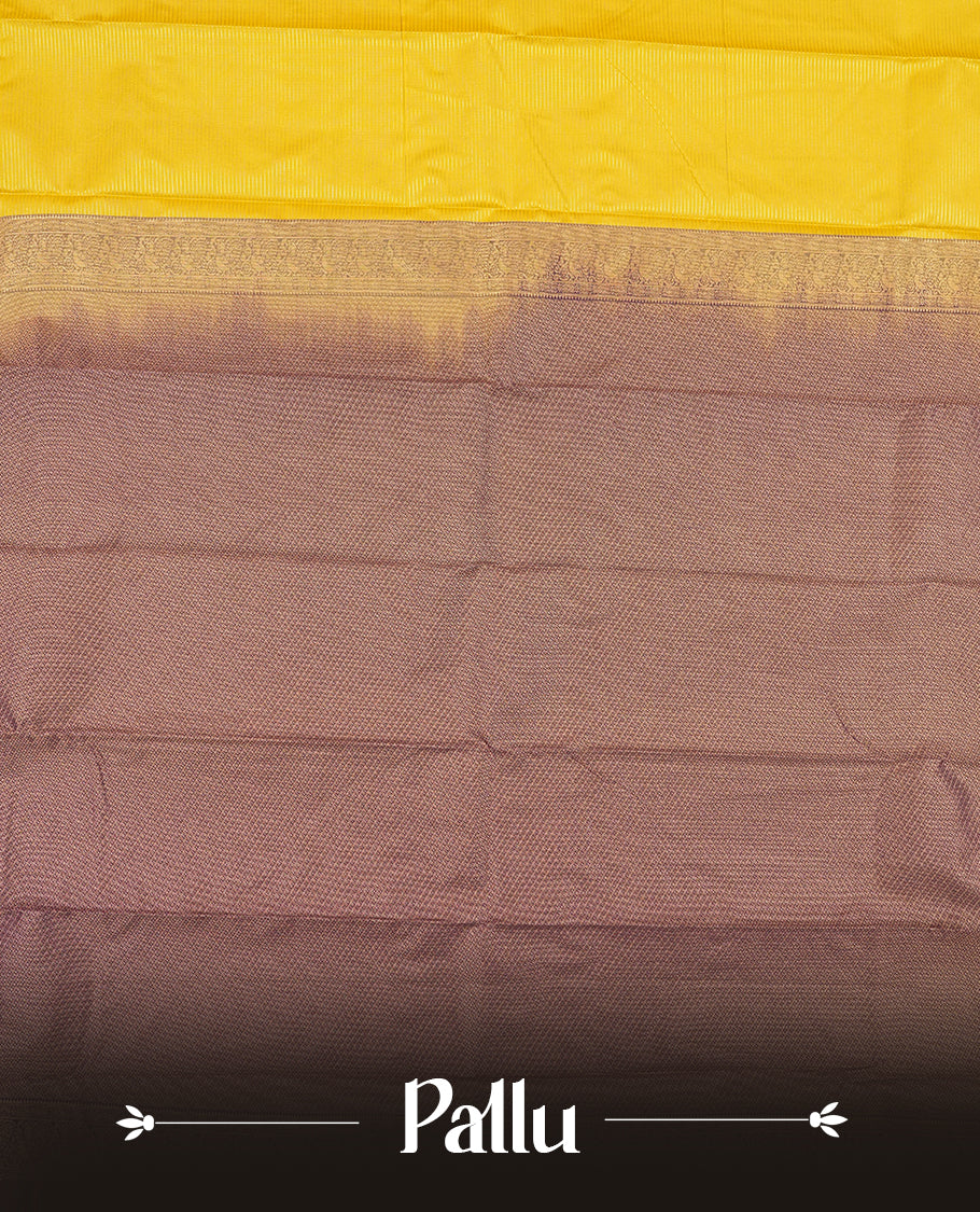 Olive yellow colour Semi Silk Saree with gold zari striped patterns on the body, paired with a contrasting Dark purple traditional pallu and border, and a matching blouse piece.