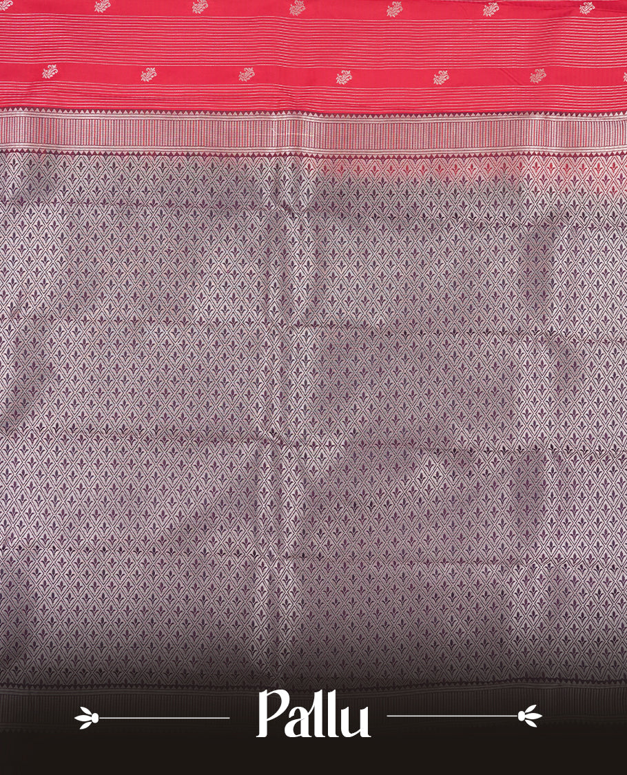 Rani Pink Colour Semi Silk Saree with Silver Diagonal Striped Butta Body, Contrasting Eggplant Purple Silver Zari Pallu & Border, Diamond Lattice Motifs, and Matching Blouse Piece