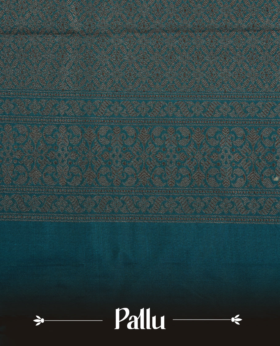 Teal Colour Semi Banarasi Katan Silk Saree with Gold Zari Buti Motifs, Traditional Gold Floral Pallu, Elaborate Woven Border, Decorative Tassels with Matching Blouse