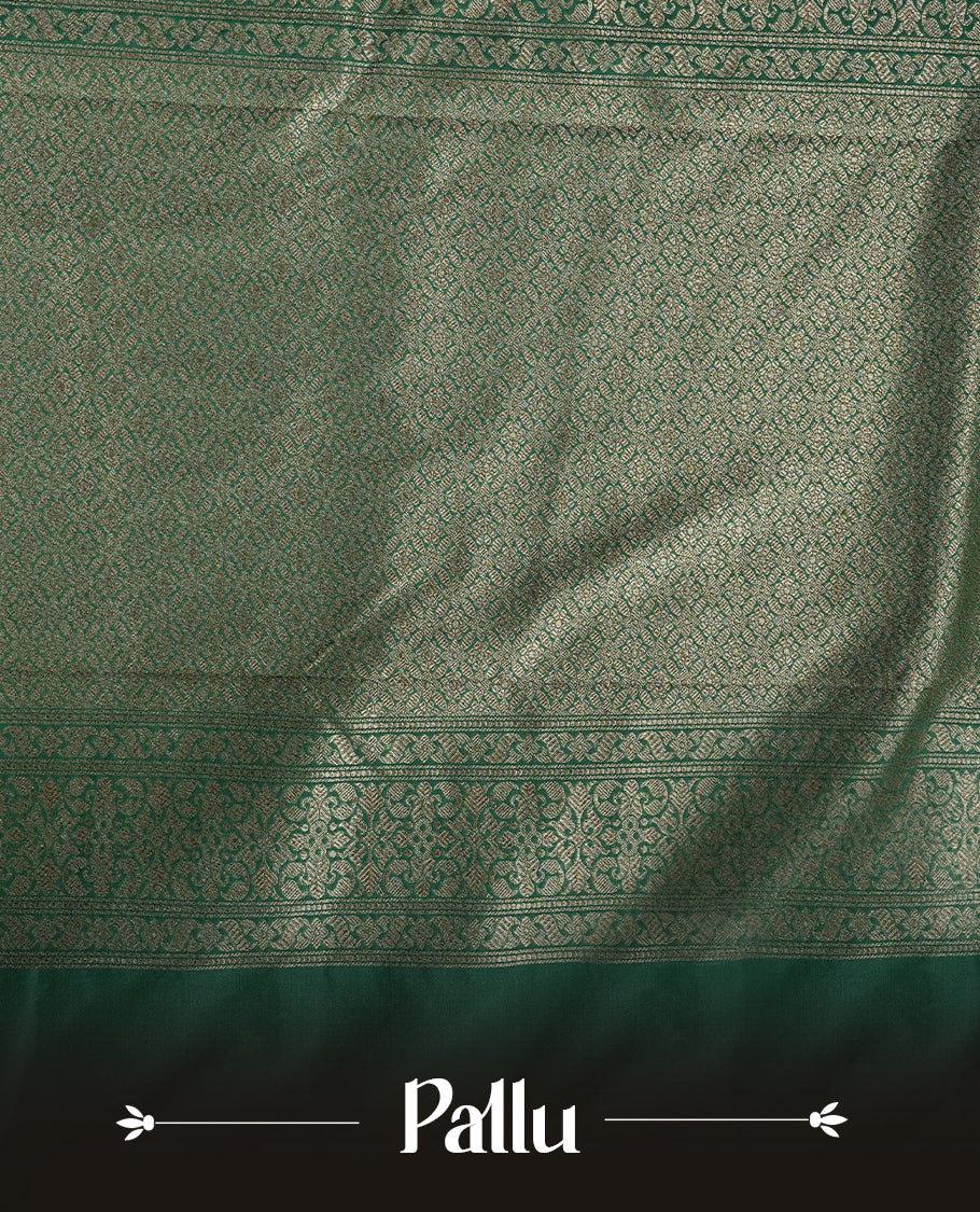 Green Colour Semi Banarasi Katan Silk Saree with Gold Zari Buti Motifs, Traditional Gold Floral Pallu, Elaborate Woven Border, Decorative Tassels with Matching Blouse
