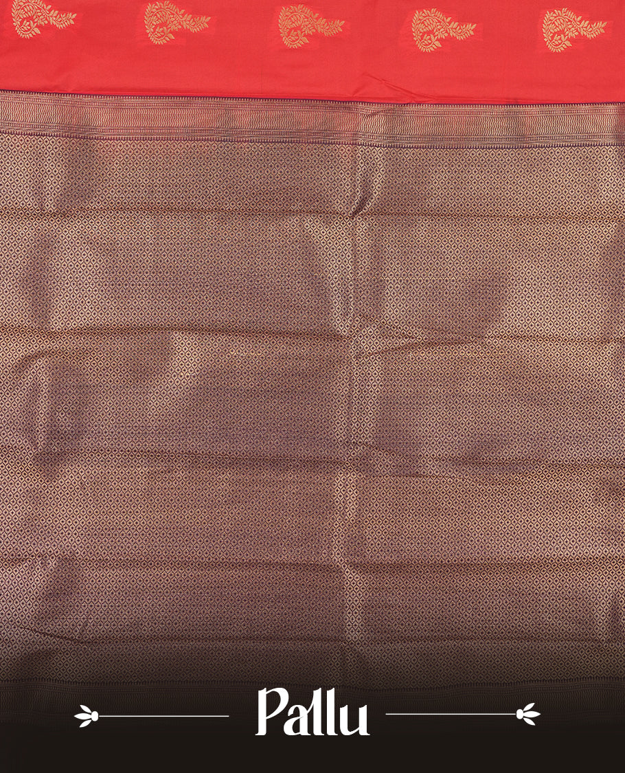 Red colour Semi Silk Saree with gold zari patterns on the body, paired with a contrasting dark purple traditional pallu and border, and a matching blouse piece.