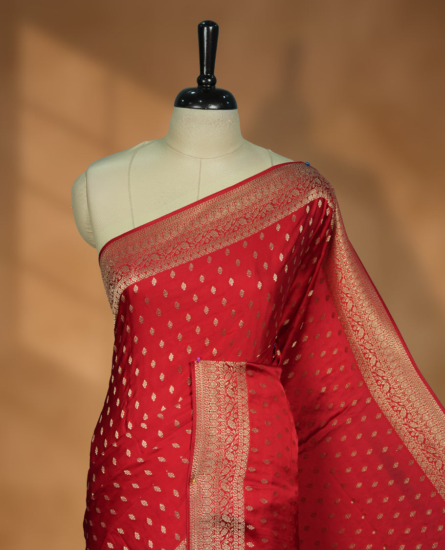 Red Colour semi Banaras satin crepe saree with Silver Zari Buti Motifs, Traditional Gold Border, Elaborate Woven Pallu, Decorative Tassels, with Matching Blouse