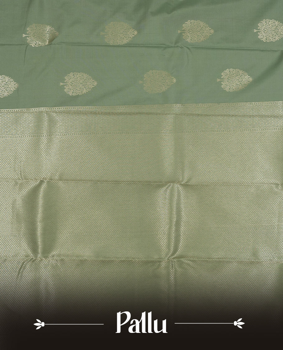 Pastel Mint colour semi soft silk saree featuring a self coloured golden textured patterned body, complemented by self coloured with gold traditional motifs on pallu & border and a matching blouse piece.