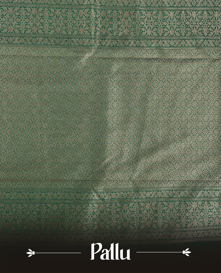 Forest Green Colour Semi Banarasi Katan Silk Saree with Gold Zari Buti Motifs, Traditional Gold Floral Pallu, Elaborate Woven Border, Decorative Tassels with Matching Blouse