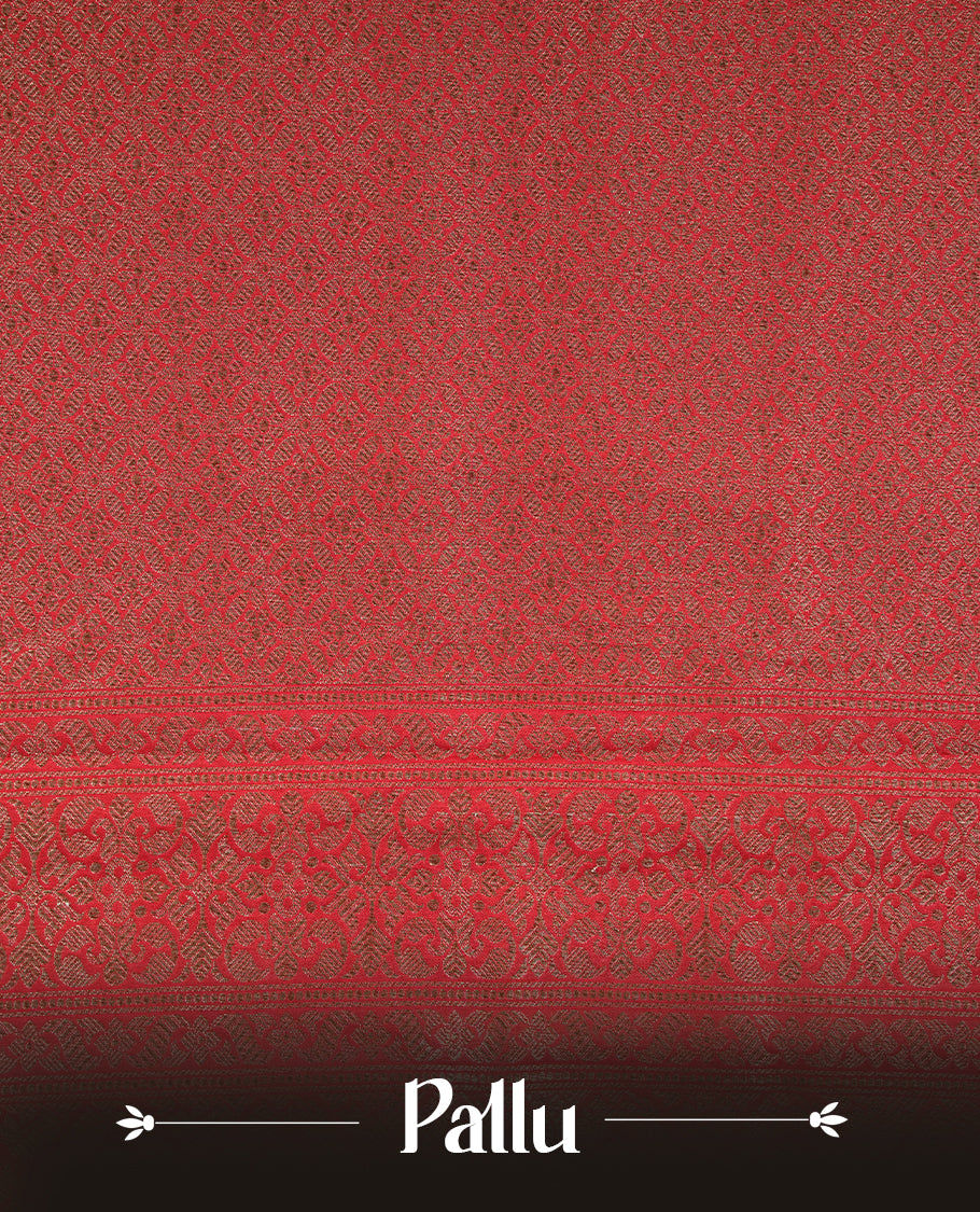 Red Colour Semi Banarasi Katan Silk Saree with Gold Zari Buti Motifs, Traditional Gold Floral Pallu, Elaborate Woven Border, Decorative Tassels with Matching Blouse