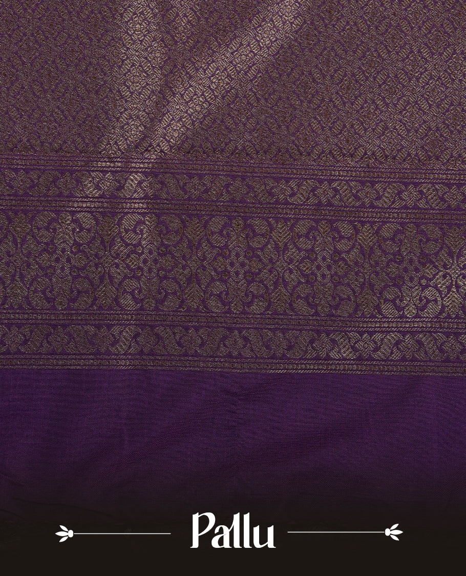 Deep Purple Colour Semi Banarasi Katan Silk Saree with Gold Zari Buti Motifs, Traditional Gold Floral Pallu, Elaborate Woven Border, Decorative Tassels with Matching Blouse