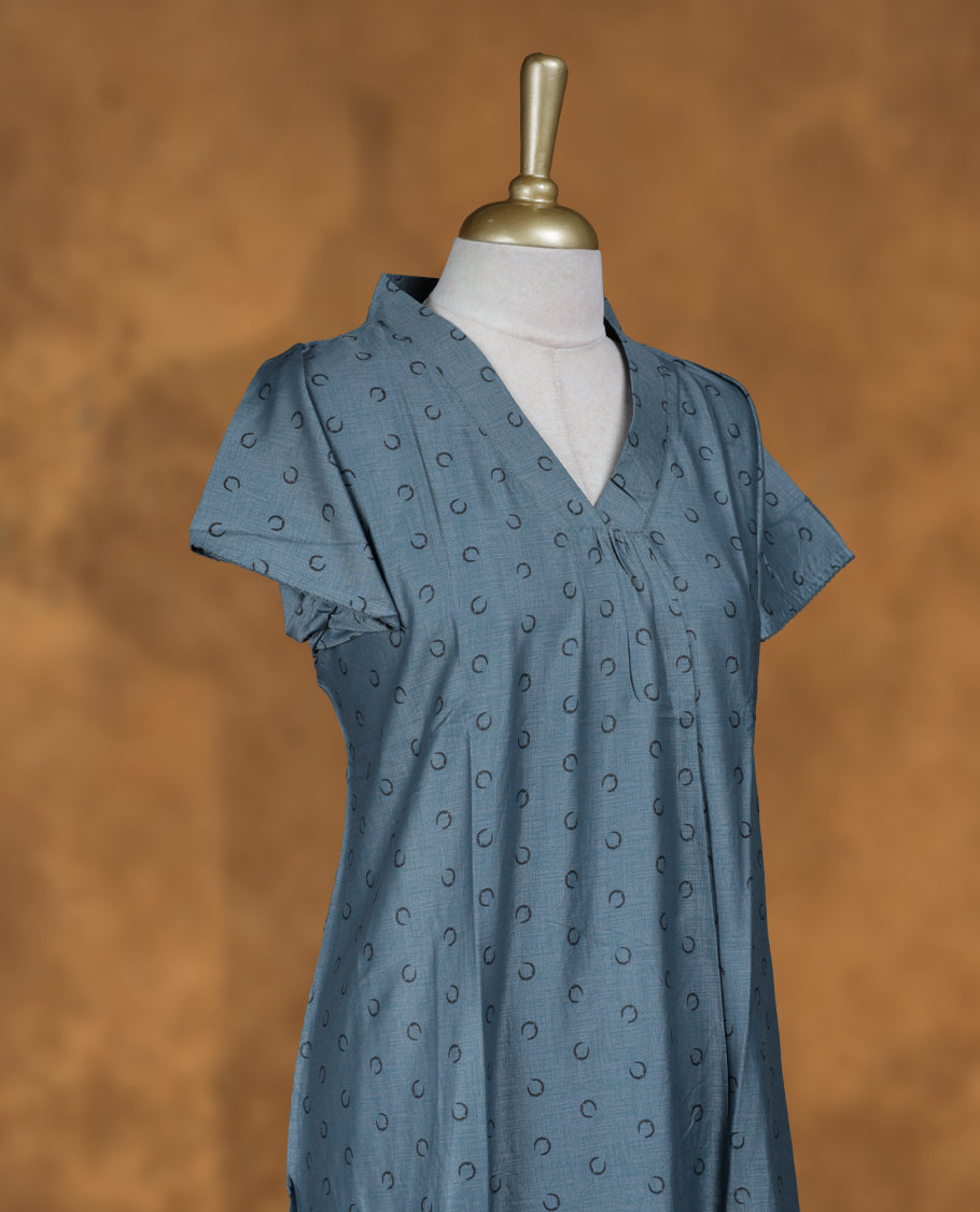 Dusty blue colour Nstyle nighty with featuring a Black moon pattern, a V neckline, Short sleeve, and a full-length