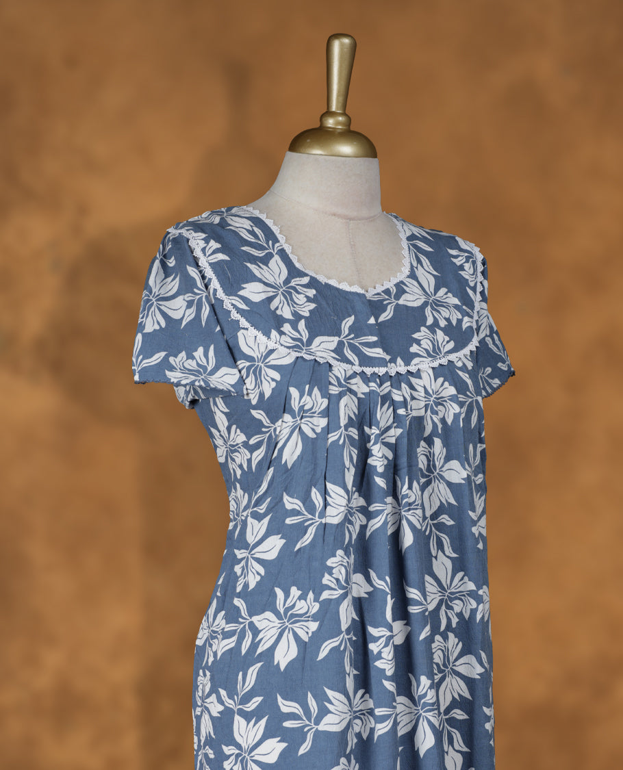 Dark gray blue colour NStyle nighty featuring white floral pattern, a Diamond neckline with white colour lace details , short sleeves, and a full ankle-length design.
