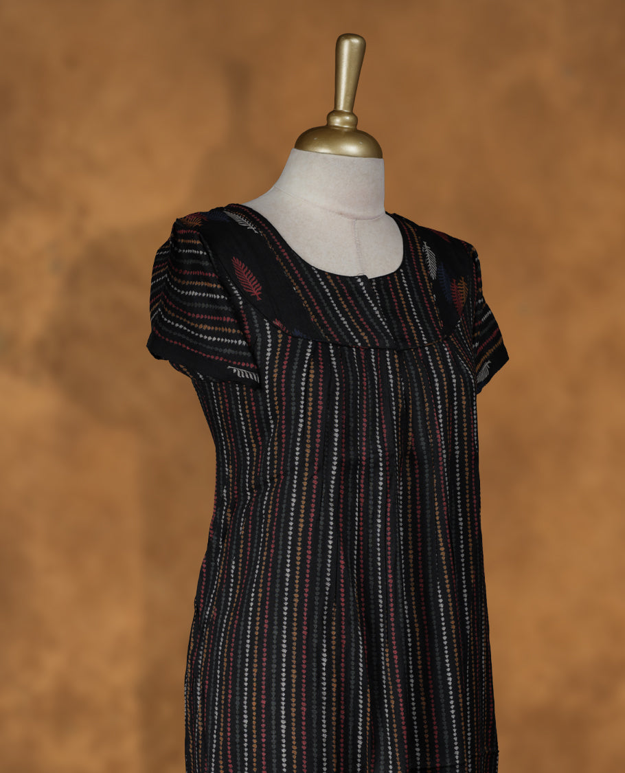 Black Colour NStyle nighty featuring multicolor striped patterns, a round neckline with leaf motif detailing, short sleeves, and a full ankle-length design.