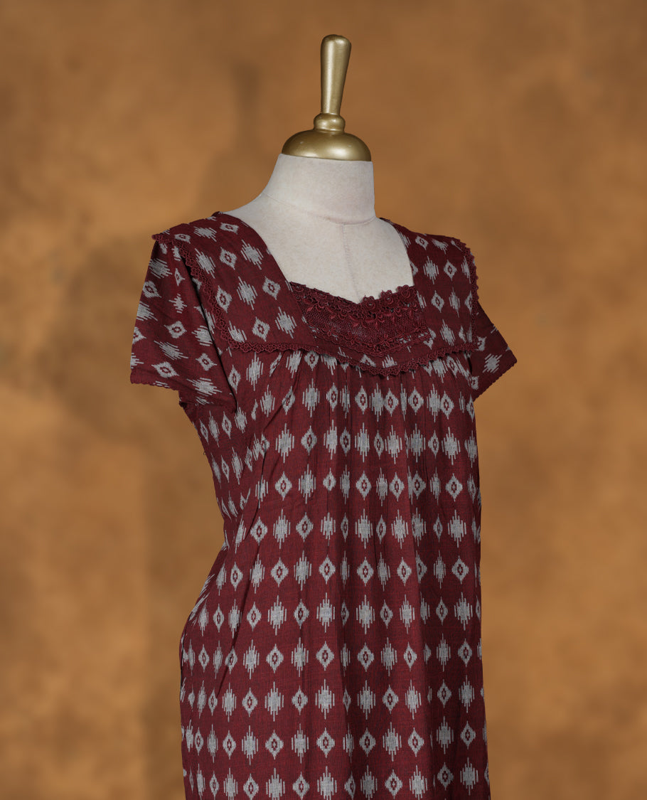 dark red Nighty Featuring Elegant diamond Patterns, diamond Neckline with Lace Border, Short Sleeves, and Full Ankle-Length Design