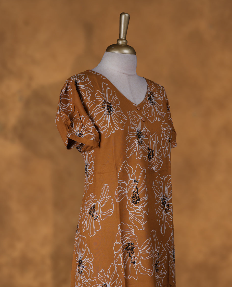Brown colour NStyle nighty featuring white floral patterns, a V-neckline with button detailing, short sleeves, and a full ankle-length design