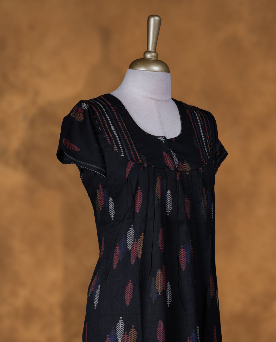Black colour NStyle nighty featuring coloured Leaf patterns, a Round n