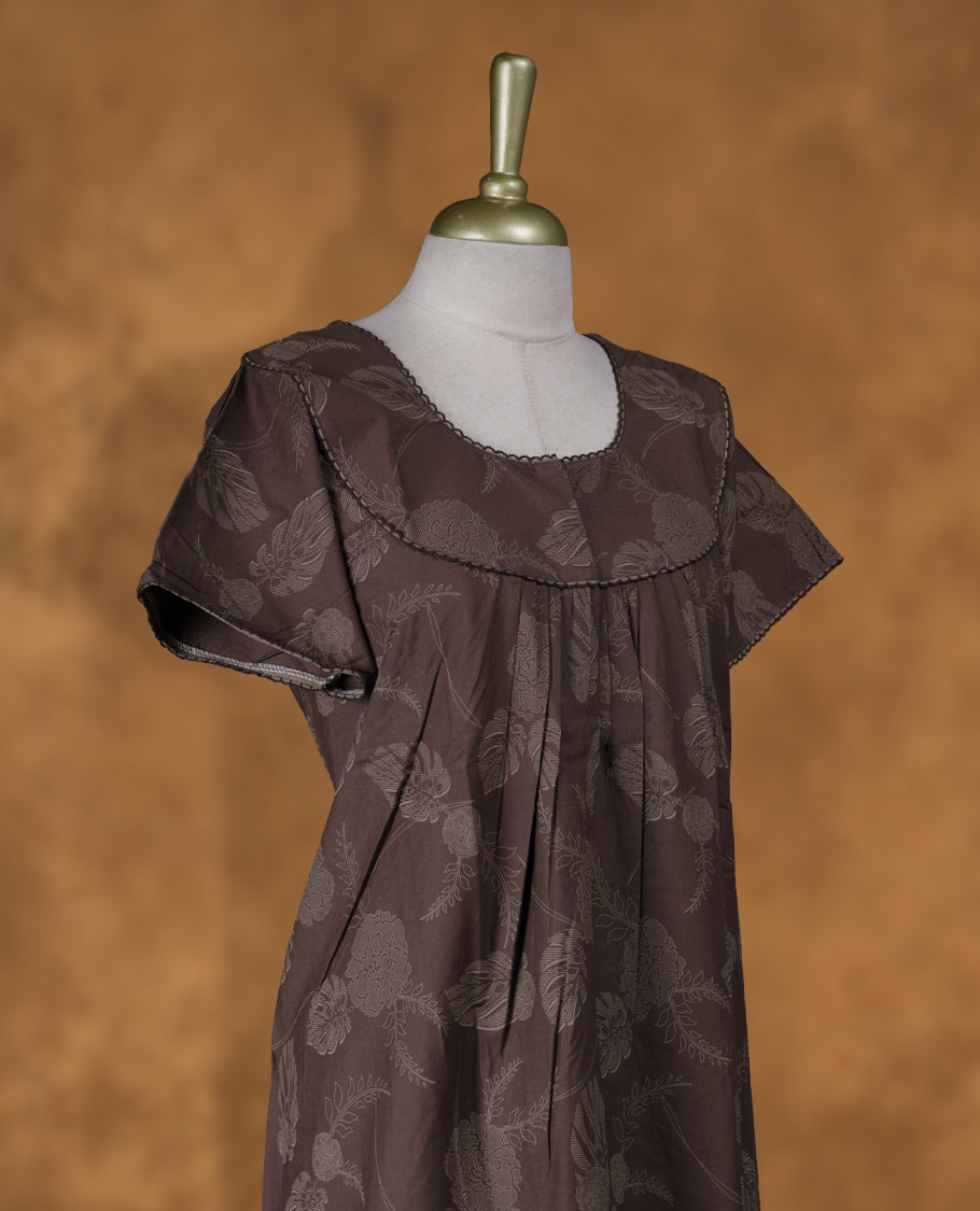 Coffee brown colour NStyle nighty featuring crean floral pattern, a U neckline with thread details , short sleeves, and a full ankle-length design.