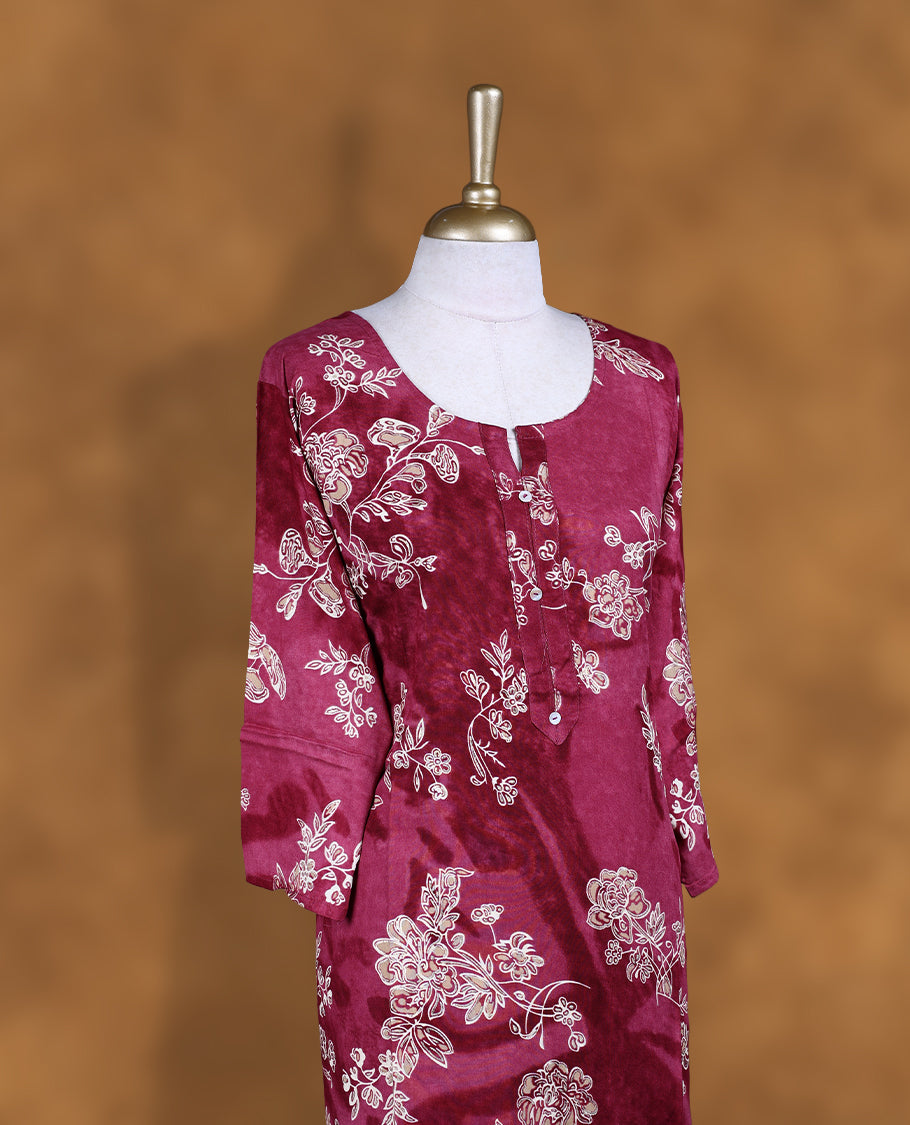 Burgundy & light burgundy double shade colour kurti with styled with a white floral print pattern across body, knee length design, and a sleeve .