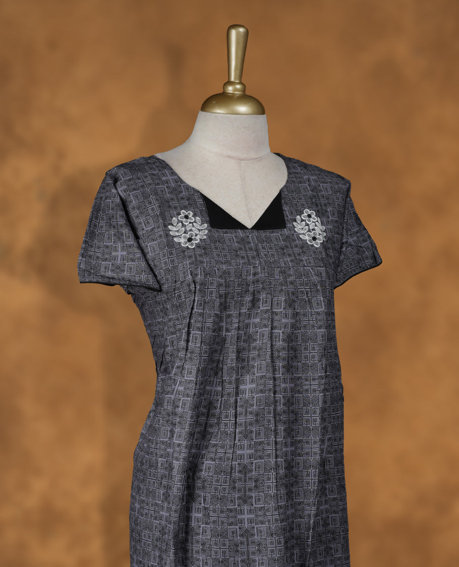 Zinc Gray colour NStyle nighty featuring White floral on front and black patterns, a V neckline, short sleeves, and a full ankle-length design.