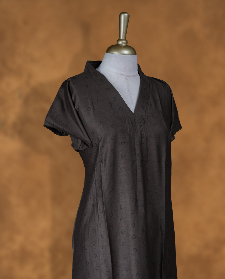 Military olive colour NStyle nighty featuring black moon patterns, a V neckline, short sleeves, and a full ankle-length design.