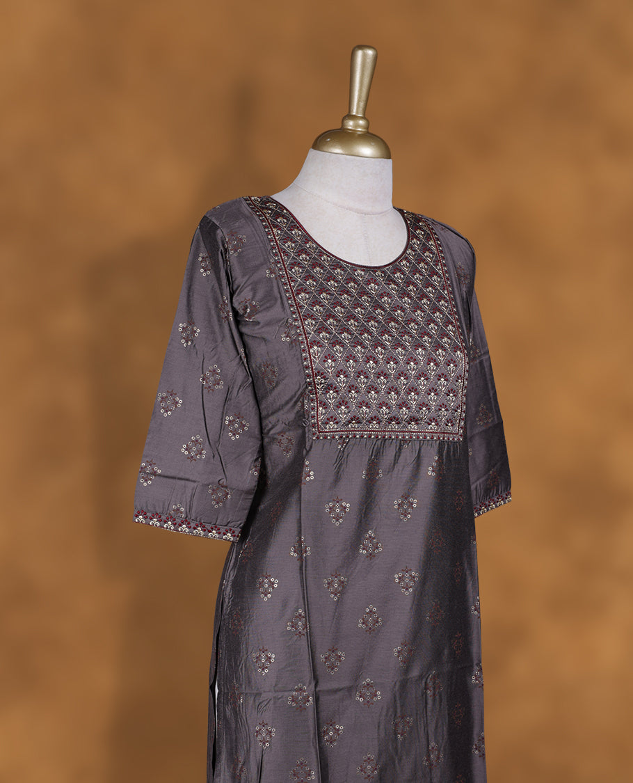 Dark ash colour kurti with styled with a thread pattern around neckline & print pattern across body, knee length design, and a sleeve .
