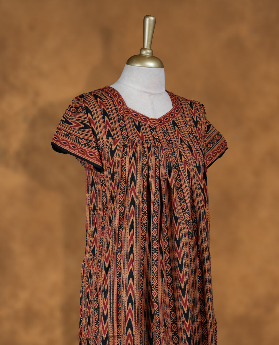 Dull orange colour Nstyle nighty with featuring a black and red Geometric pattern, a Diamond neckline, Short sleeve, and a full-length