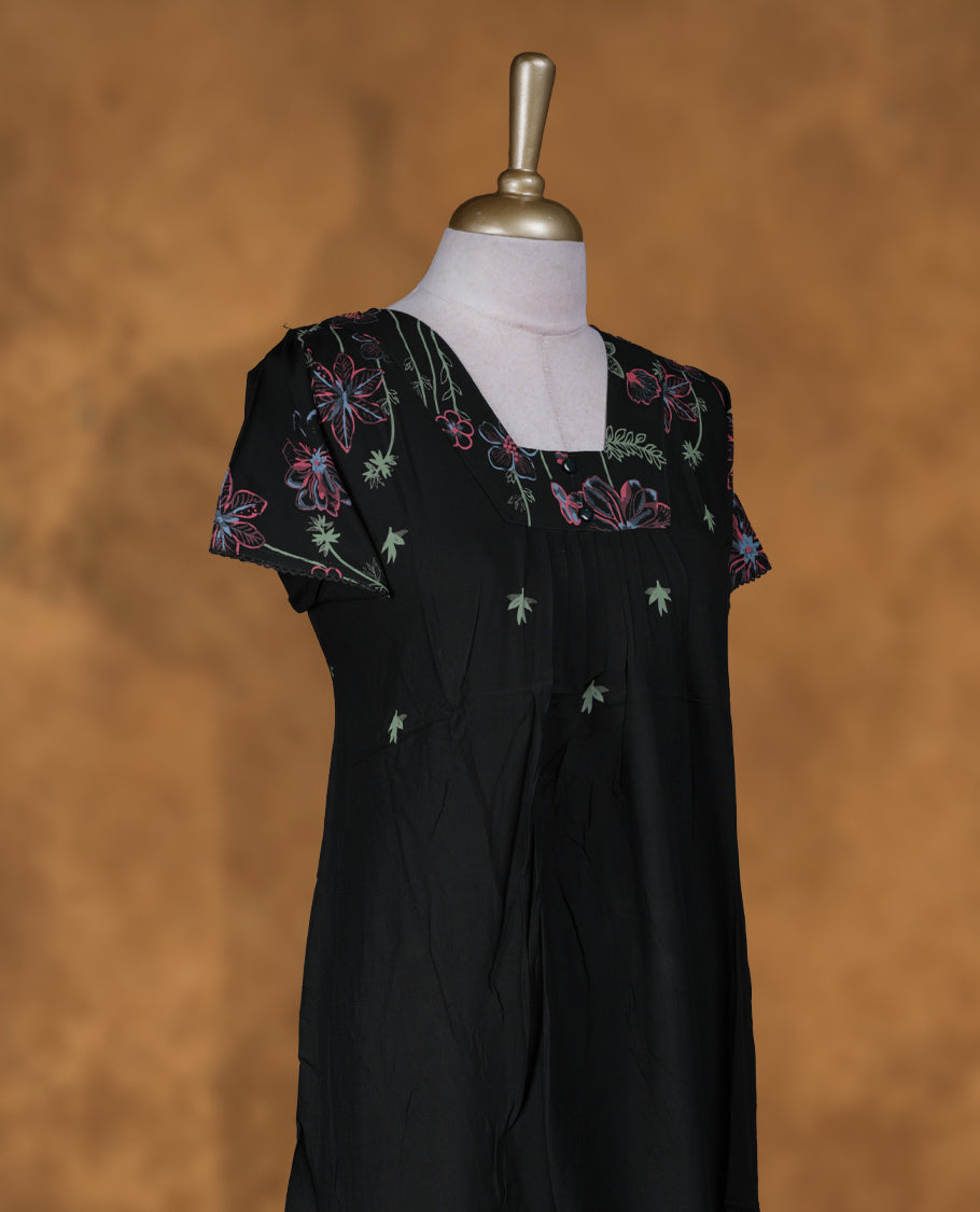 Dark green colour NStyle nighty featuring Coloured floral patterns, a Square-neckline, short sleeves, and a full ankle-length design.