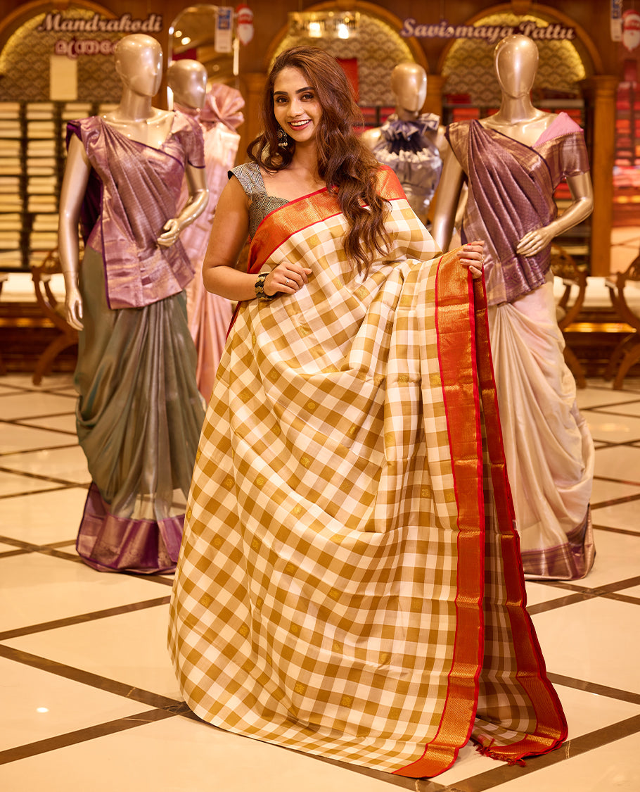 Graceful deep brown colour Kancheepuram silk saree featuring an intricate check pattern with peacock and chakram motifs woven across the body, beautifully enhanced with a rich red hued gold zari border, paired with a matching blouse piece.