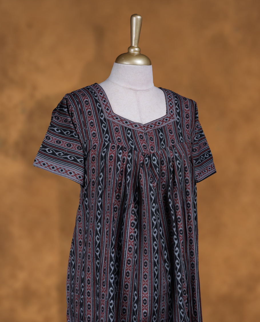 Black colour NStyle nighty featuring red & gray Geometric patterns, a Diamond neckline , short sleeves, and a full ankle-length design.