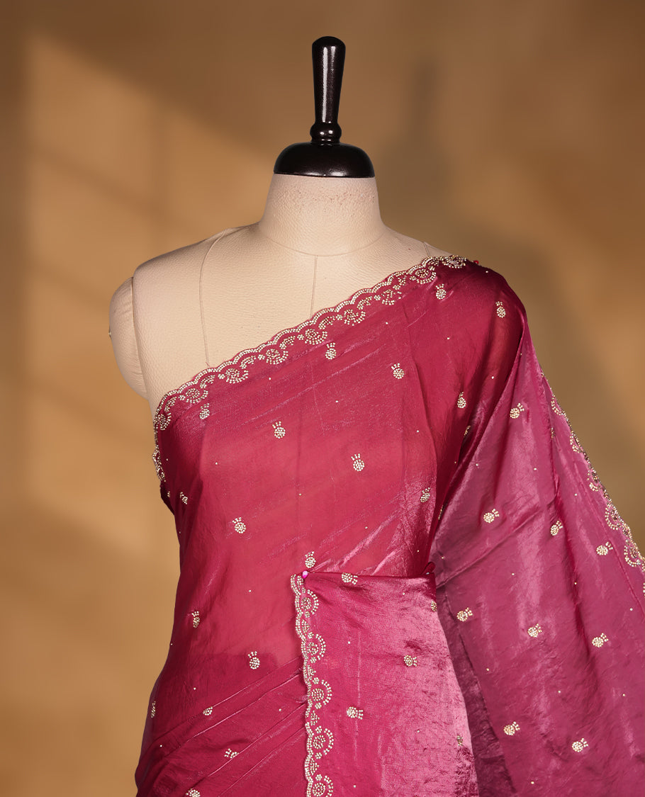 Cranberry pink Colour velvet Chiffon Designer Saree featuring Delicate White Stone motifs on Body, with Stone Detailing on the Border and Pallu, paired with a Matching Blouse.