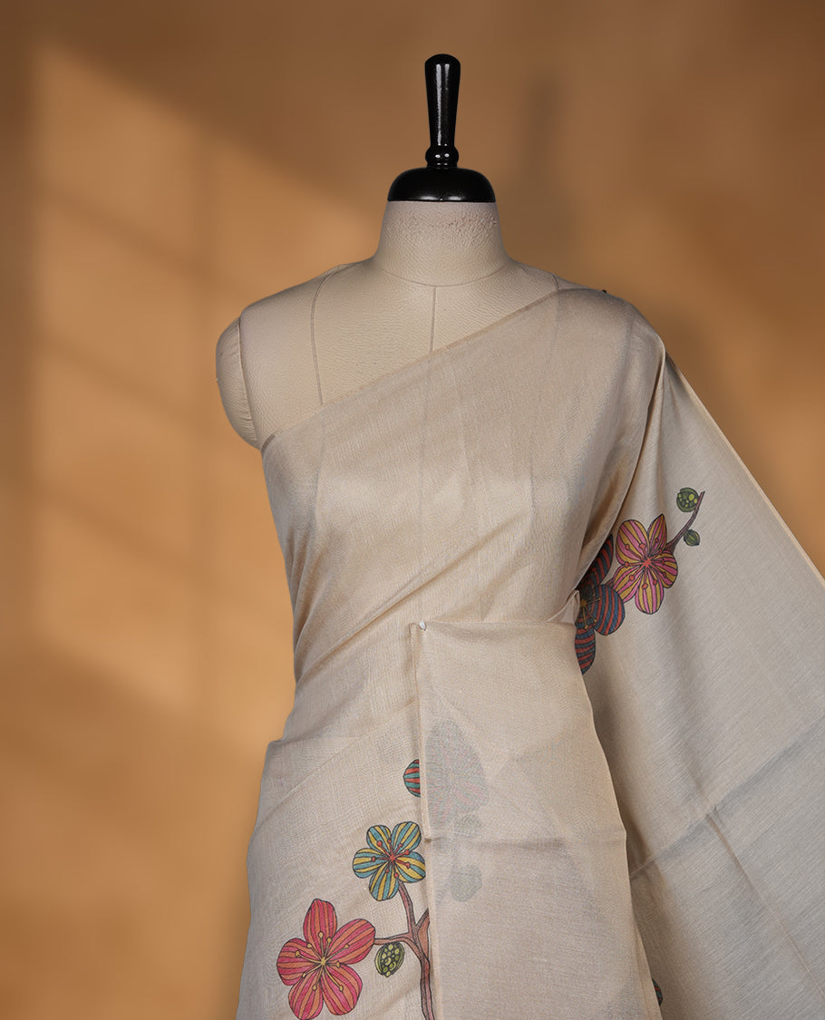 Kerala Tissue saree with floral Prints and without border with Matching Blouse