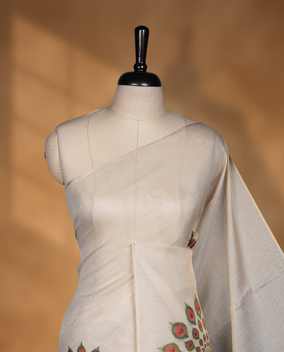 Kerala Tissue saree with peacock feather Prints and without border with Matching Blouse