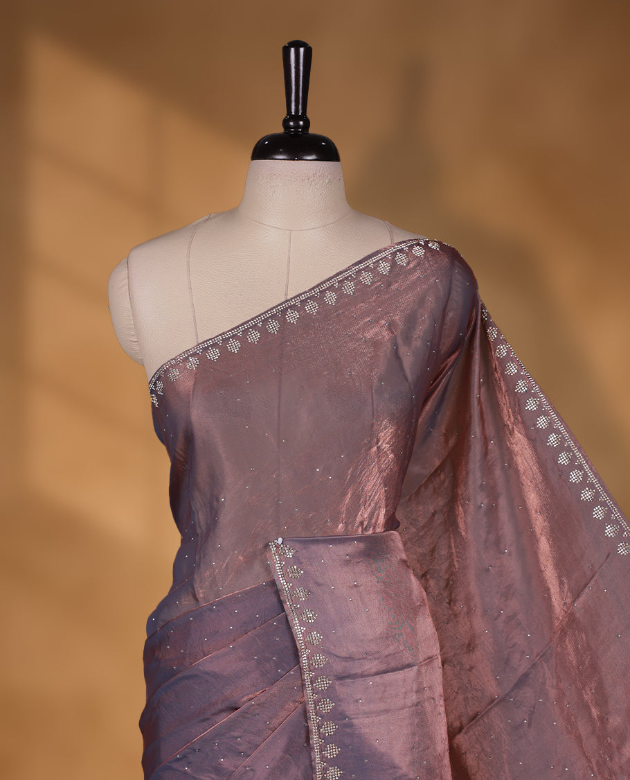 Pink and gray double shade colour chiffon designer saree, featuring white stone all over on body, heavy stone patttern on border and pallu, Paired with matching blouse.