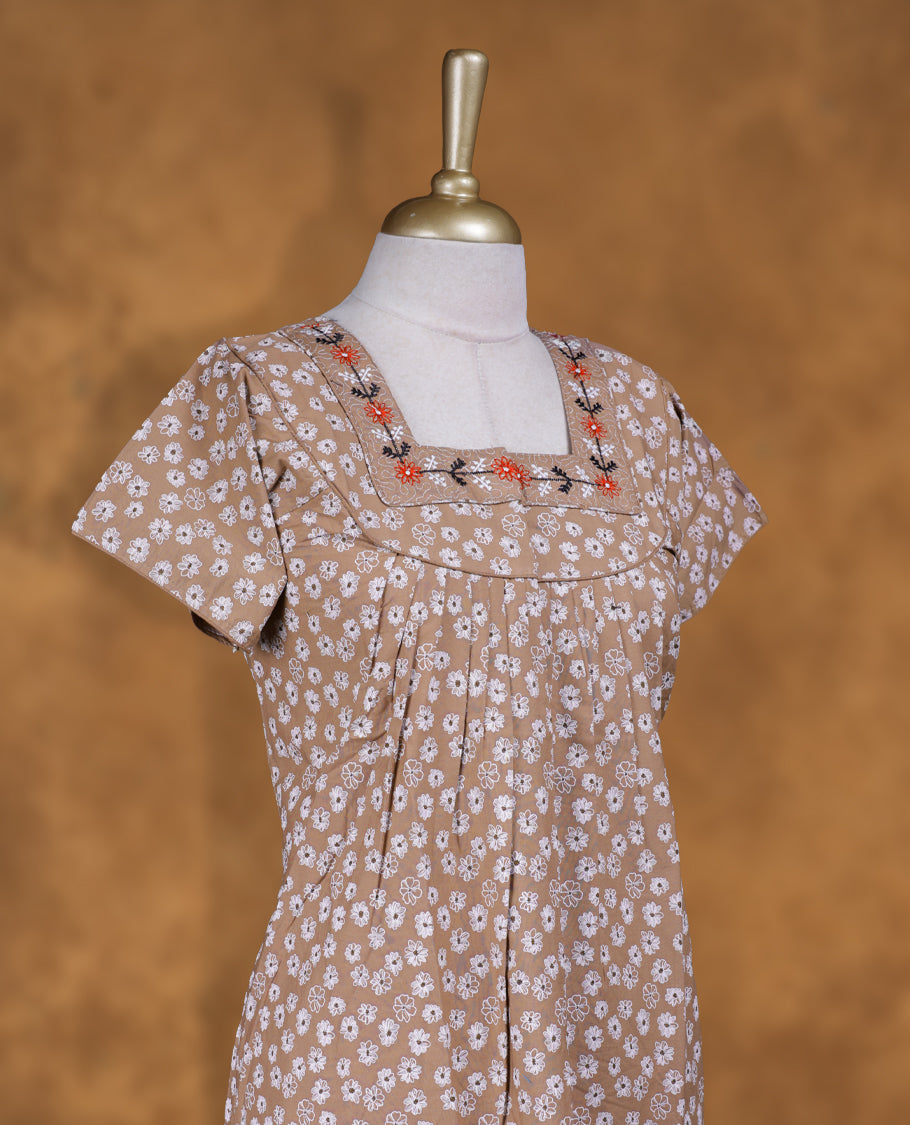 Mushroom colour NStyle nighty featuring White Leaf patterns, a Square neckline and thread pattern, short sleeves, and a full ankle-length design.