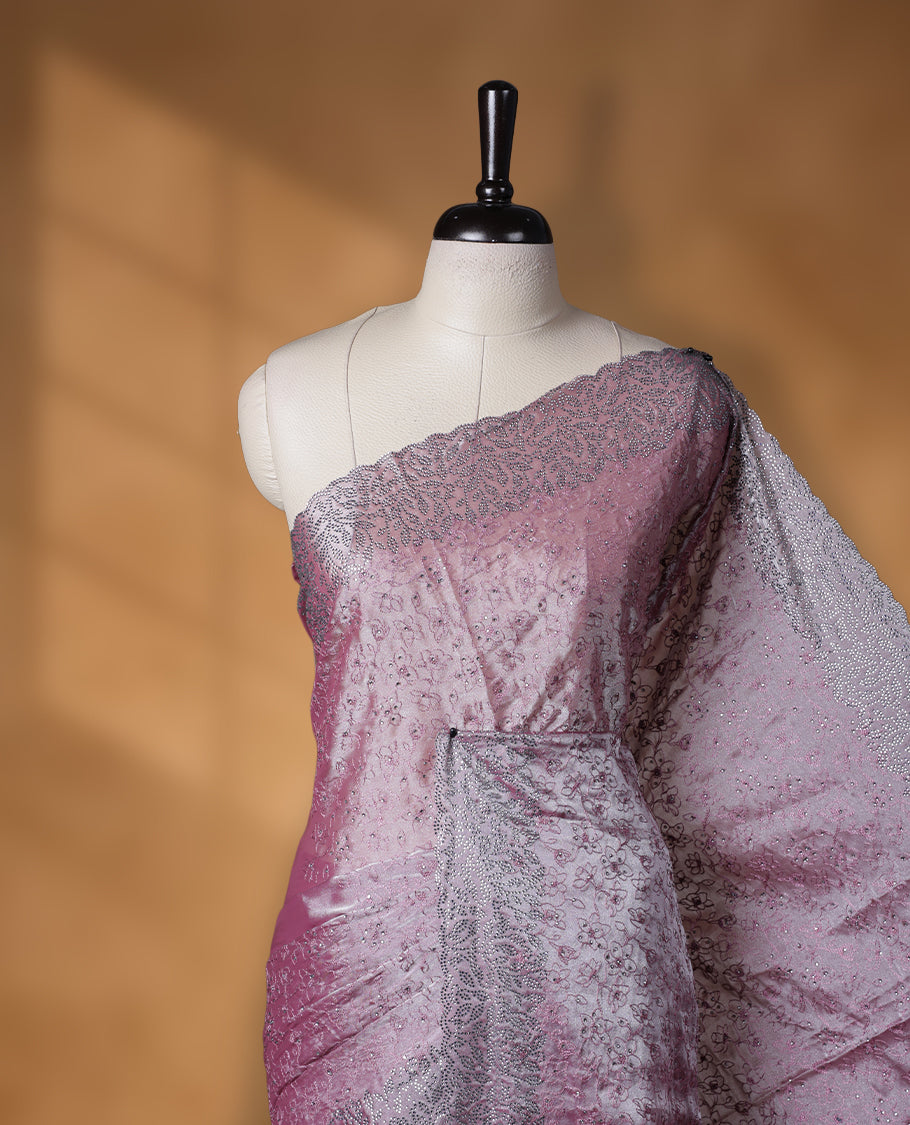 Dusty Pink colour velvet chiffon designer saree, featuring self colour thread embroidery kodi work on body, stone work and all over motifs on border and pallu, Paired with matching blouse.