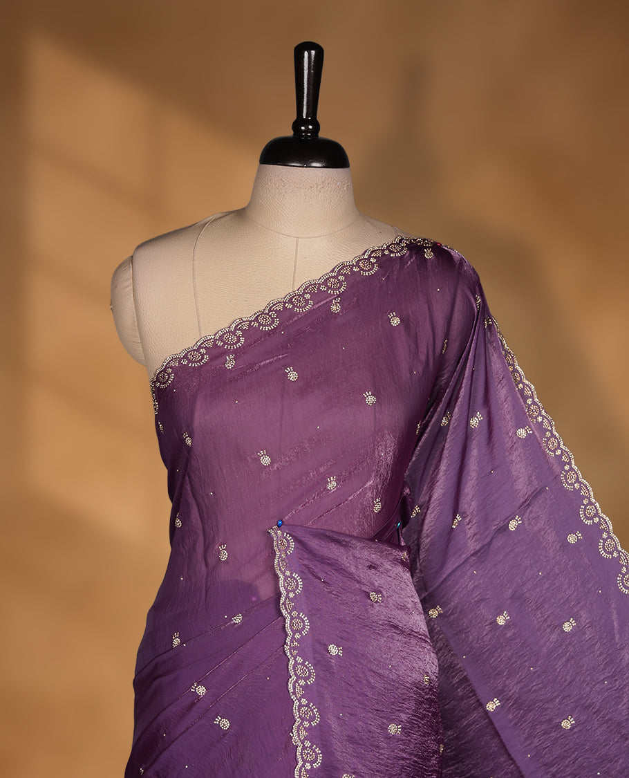 Deep Violet Colour velvet Chiffon Designer Saree featuring Delicate White Stone motifs on Body, with Stone Detailing on the Border and Pallu, paired with a Matching Blouse.