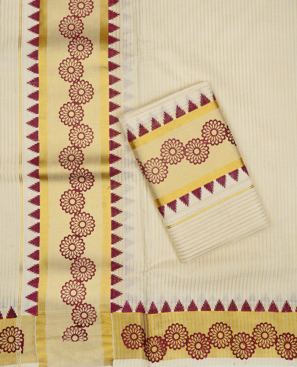 Cream colour cotton set mundu Featuring Gold zari Strips on body, complemented by Gold with Floral print kara.