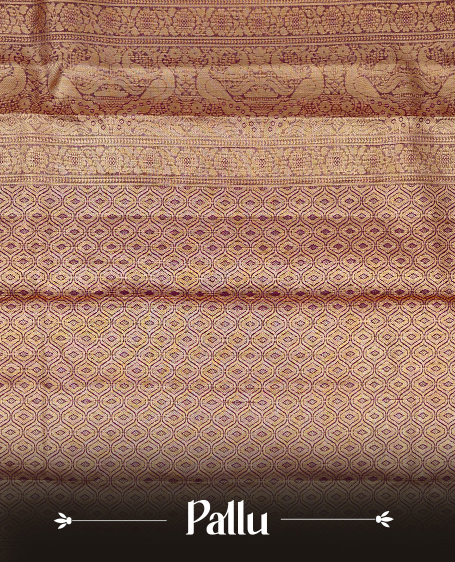 Deep purple & Gold Double shade Semi Tissue Silk saree featuring Light gold Kodi pattern on body, complemented by Contrast Green with gold zari border, paired with matching blouse piece.