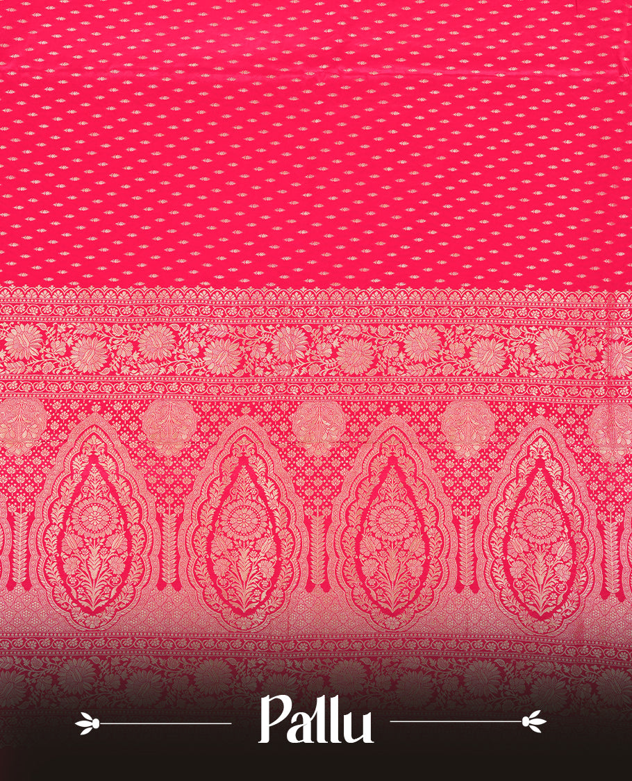 Rani pink colour banaras satin crepe saree fearturing gold tiny leaf motifs on body, kodi visiri pattern on border & pallu and paired with matching blouse