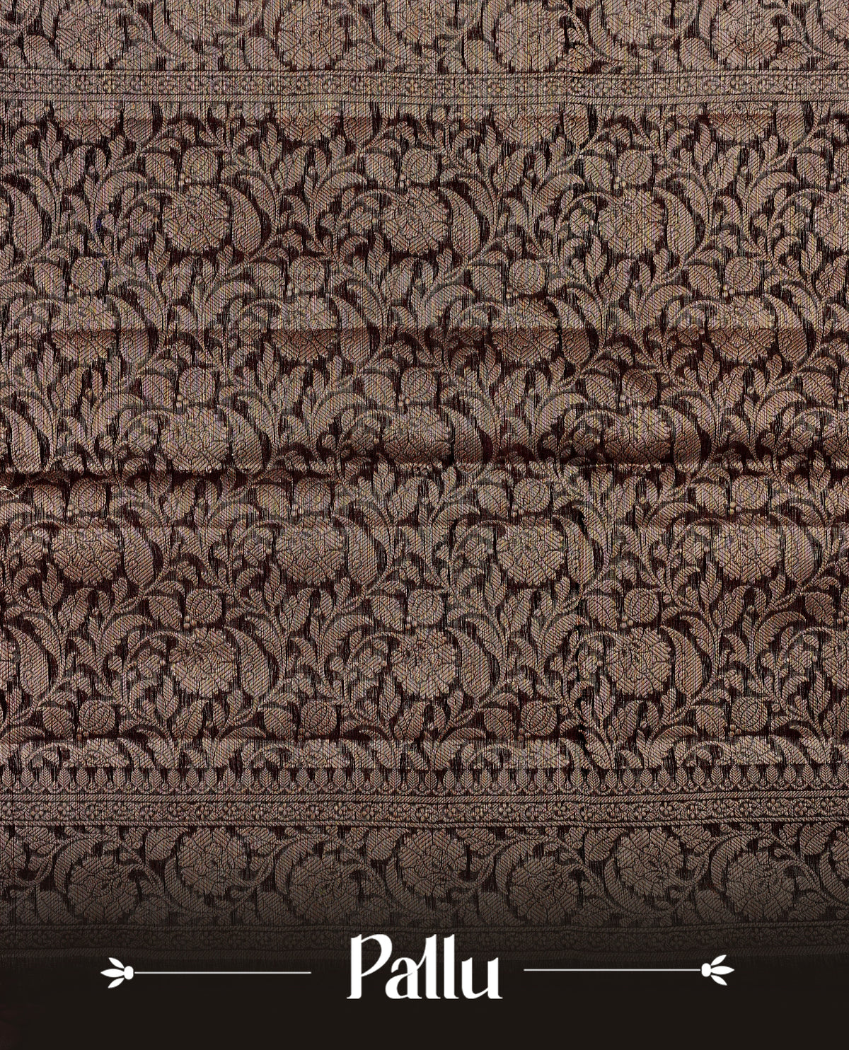 Maroon colour Banaras silk saree featuring gold zari buttas on body, complemented by contrast chocolate colour border, comes with matching blouse piece.